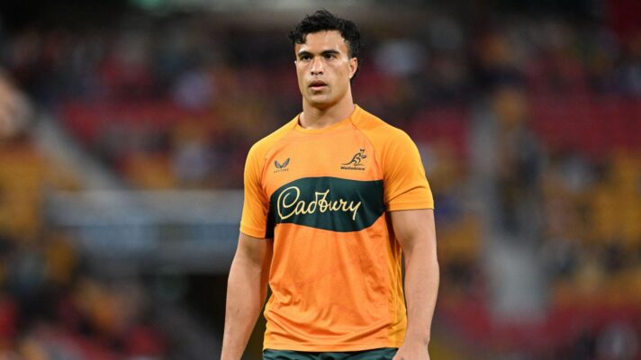 Joseph-Aukuso Suaalii warming up for the Wallabies in 2026
