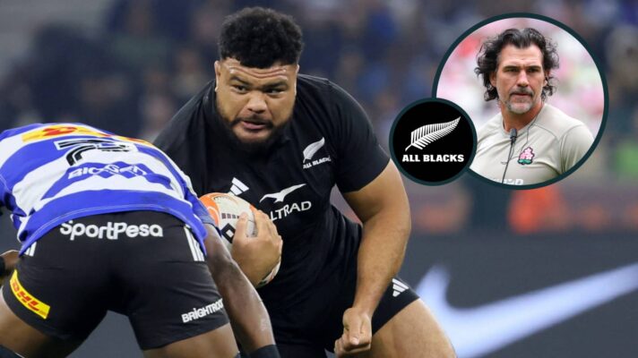 All Blacks' prop Pasilo Tosi and an inset of Springboks legend Victor Matfield.