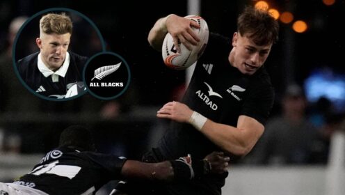 Ruben Love in action against the Sharks and fellow All Blacks playmaker Damian McKenzie (inset).