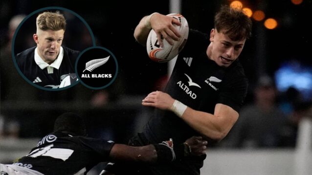 Ruben Love in action against the Sharks and fellow All Blacks playmaker Damian McKenzie (inset).