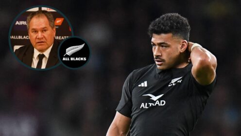 All Blacks fly-half Richie Mo'unga and an inset of head coach Dave Rennie