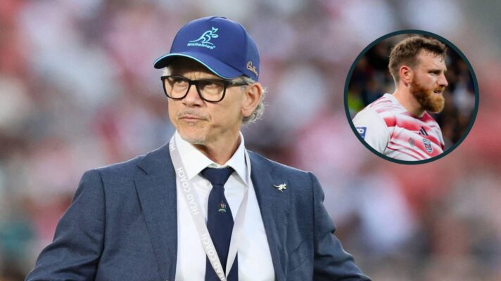 Wallabies head coach Les Kiss and an inset of Nice centre Alban Conduché.