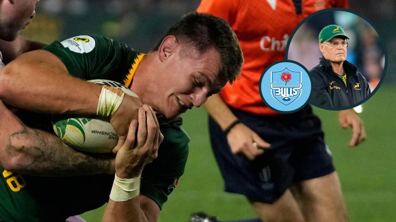 Bulls forward Elrigh Louw with an inset of Springboks head coach Rassie Erasmus.