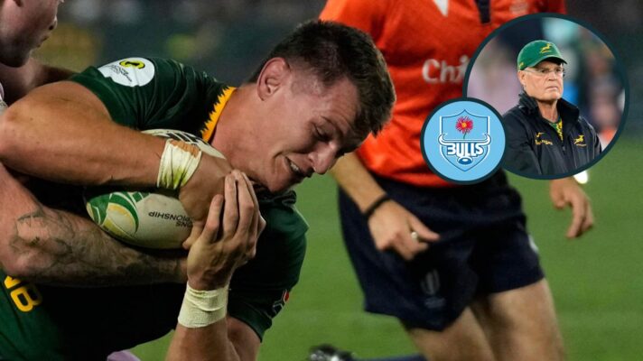 Bulls forward Elrigh Louw with an inset of Springboks head coach Rassie Erasmus.