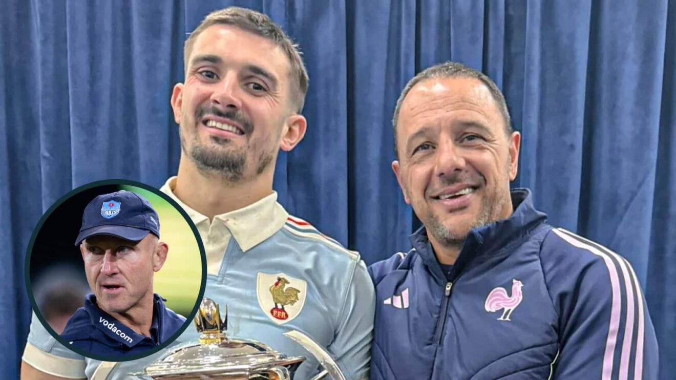 France star Thomas Ramos with Vlok Cilliers (via x.com/Vlokskop10) and an inset of Bulls head coach Johan Ackermann.