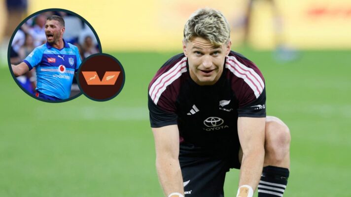 All Blacks back Beauden Barrett and an inset of Bulls veteran Willie Le Roux.