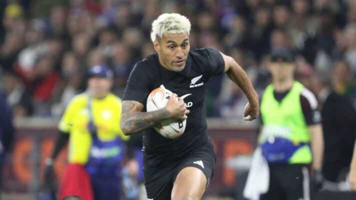 All Blacks' back Rieko Ioane in action during Rugby's Greatest Rivalry.