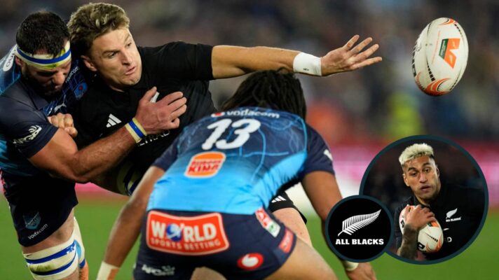 Beauden Barrett and Rieko Ioane (inset) in action for the All Blacks against the Bulls.