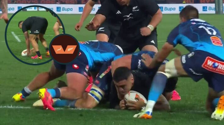 All Blacks hooker Codie Taylor scores a try against the Bulls.