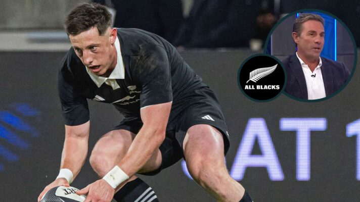 Cam Roigard in action for the All Blacks and former New Zealand scrum-half Justin Marshall (inset).
