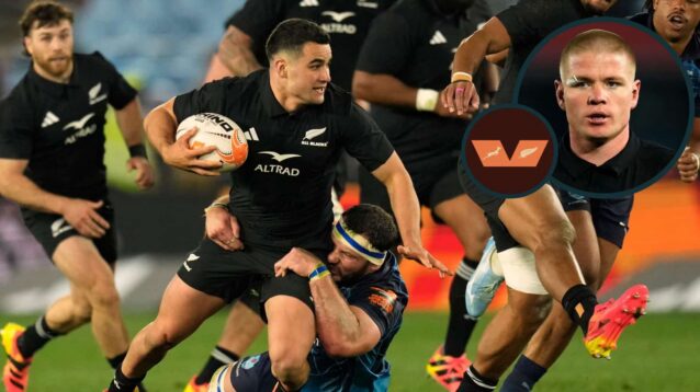 Josh Moorby is tackled by Marcell Coetzee and an inset of All Blacks rookie Anton Segner.