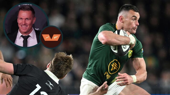 Jesse Kriel running past All Blacks' Jordie Barrett, and Springboks legend Jean de Villiers (inset).