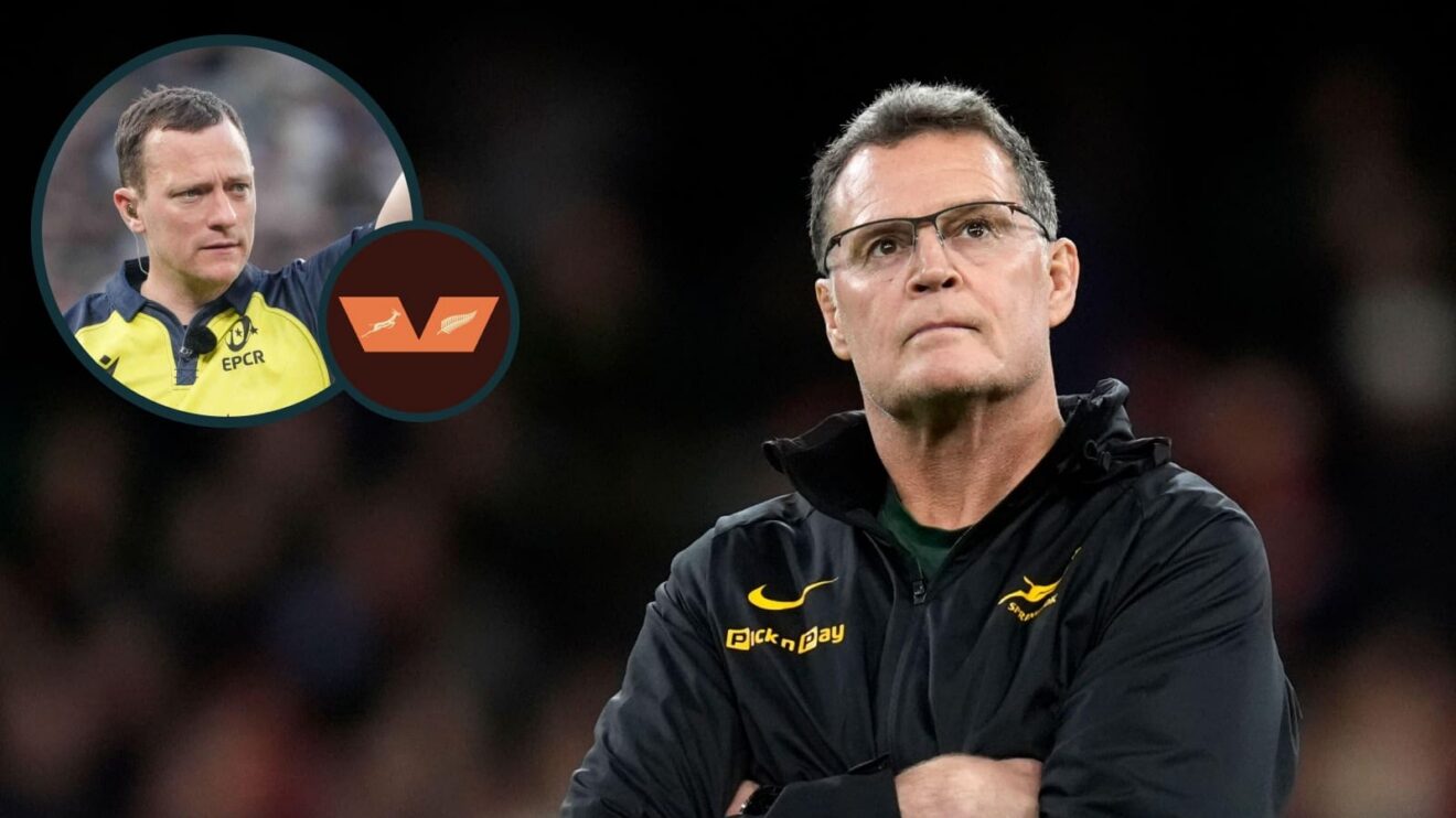 Springboks head coach Rassie Erasmus and an inset of referee Matthew Carley.