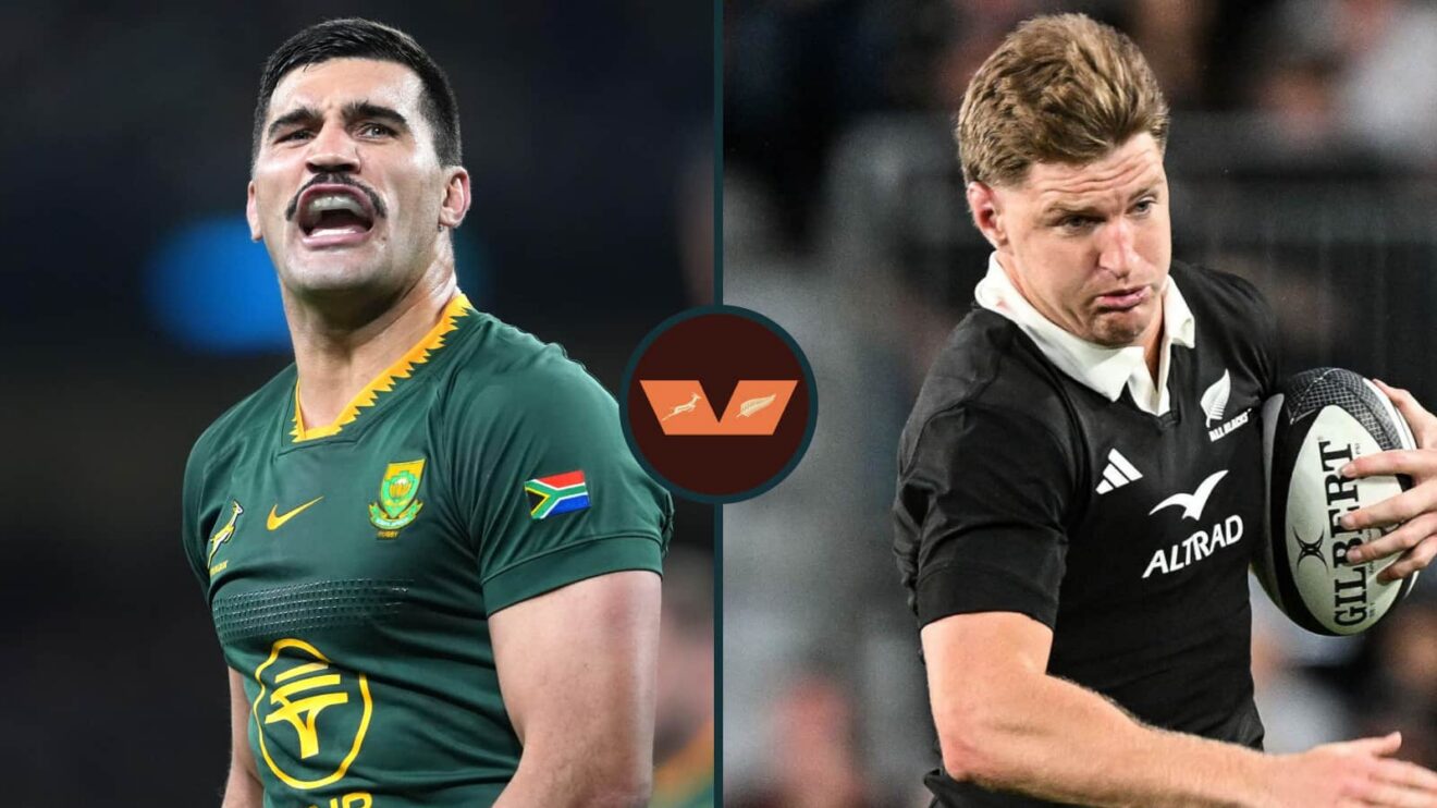 Inside centres for the Springboks and All Blacks, Damian de Allende (left) and Jordie Barrett (right).