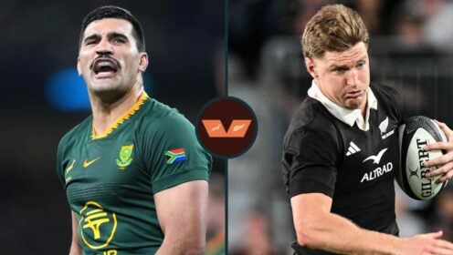 Inside centres for the Springboks and All Blacks, Damian de Allende (left) and Jordie Barrett (right).