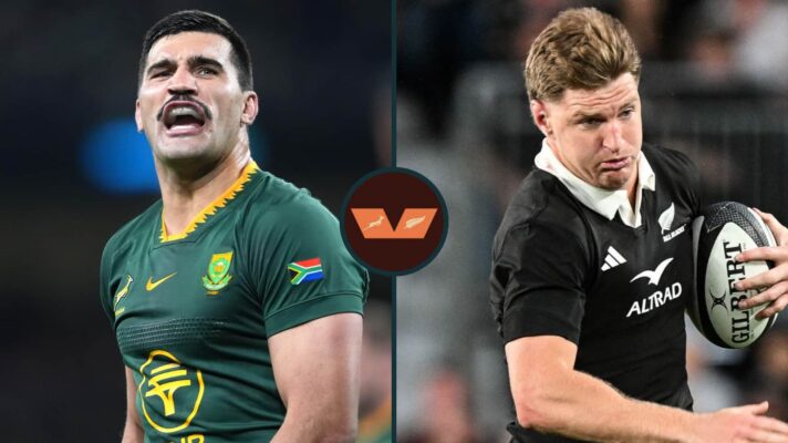 Inside centres for the Springboks and All Blacks, Damian de Allende (left) and Jordie Barrett (right).