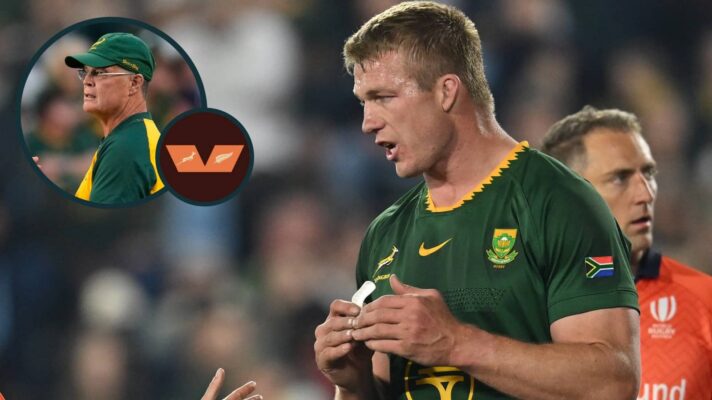 Springboks forward Pieter-Steph du Toit and an inset of head coach Rassie Erasmus.
