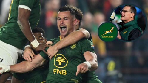 Jesse Kriel celebrates scoring a try and an inset of Springboks head coach Rassie Erasmus.
