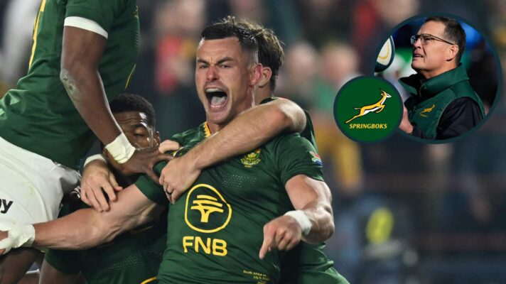 Jesse Kriel celebrates scoring a try and an inset of Springboks head coach Rassie Erasmus.