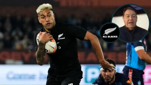 All Blacks back Rieko Ioane and an inset of Sir Steve Hansen.