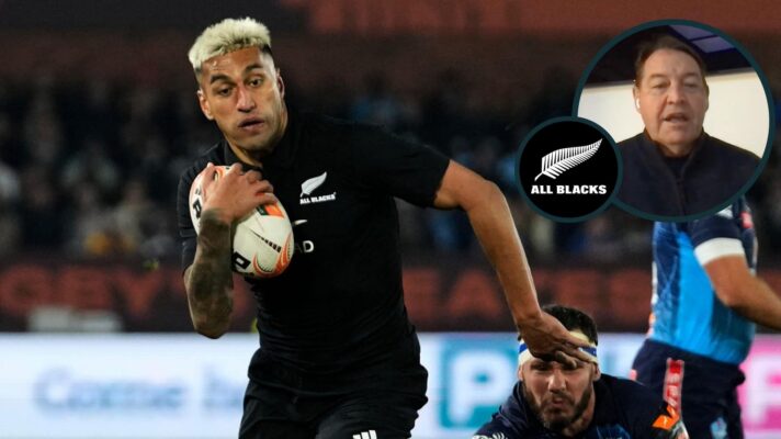 All Blacks back Rieko Ioane and an inset of Sir Steve Hansen.