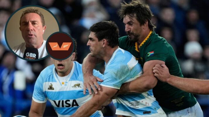 Springboks lock Eben Etzebeth in action against Argentina and an inset of ex-All Black Justin Marshall.