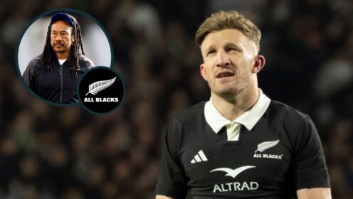All Blacks playmaker Damian McKenzie and an inset of assistant coach Tana Umaga.