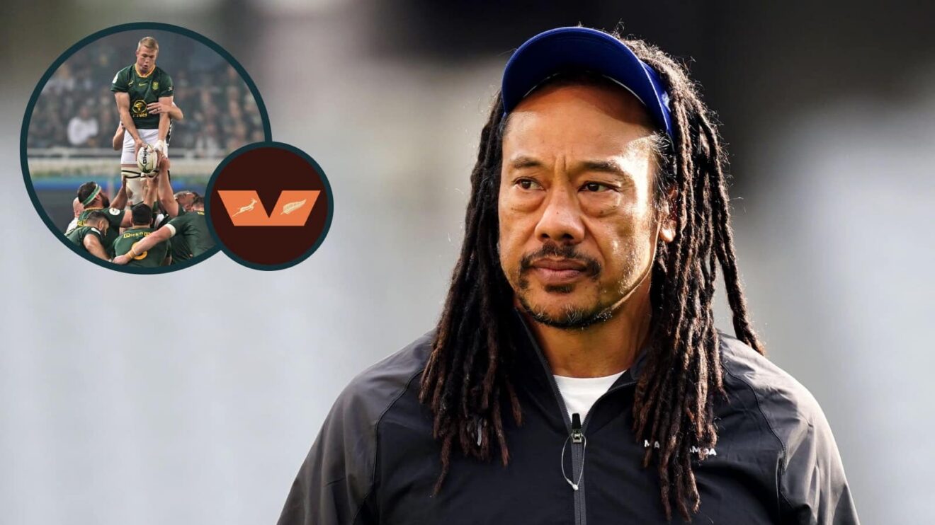 All Blacks assistant coach Tana Umaga and an inset of a Springboks lineout.