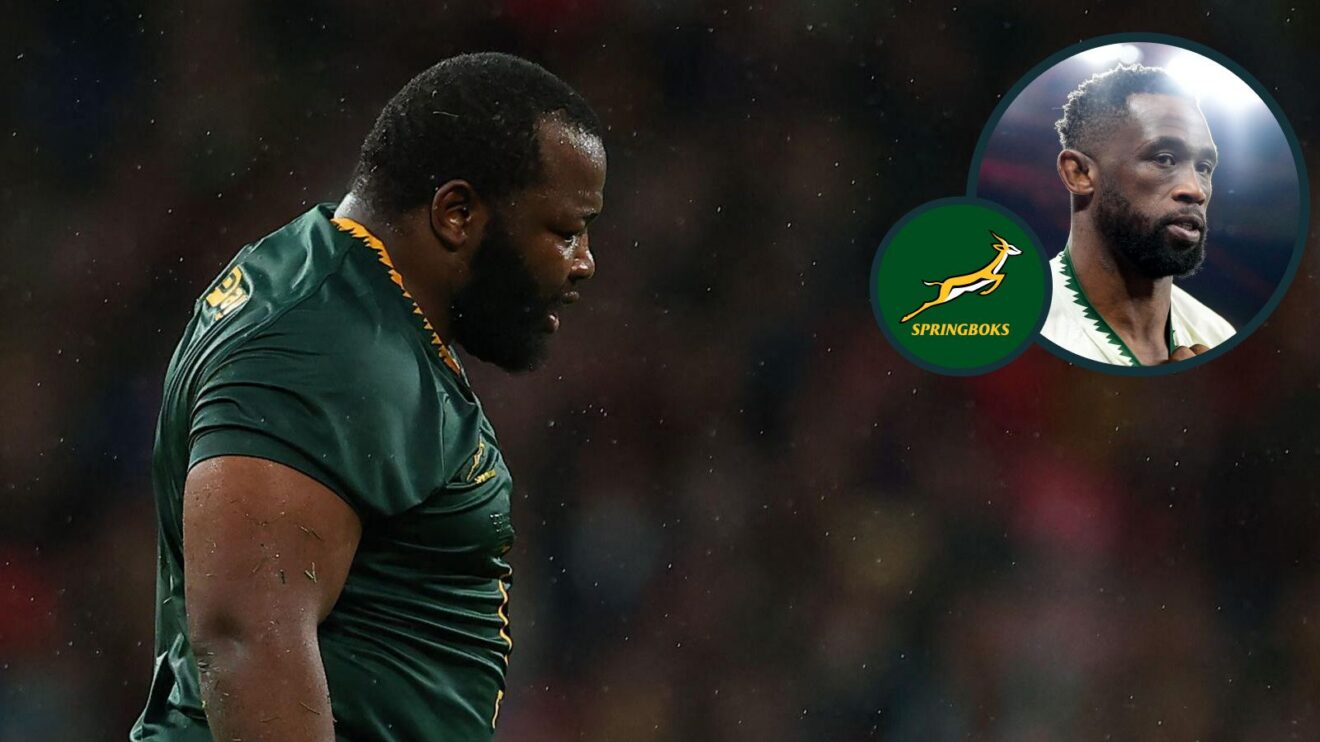 A two layered image of Ox Nche (left) and Siya Kolisi (right)