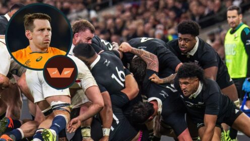 Two layer image of All Blacks and Bernard Foley