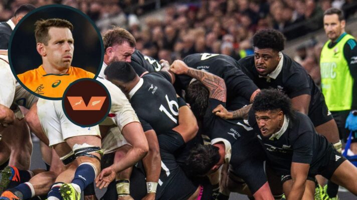 Two layer image of All Blacks and Bernard Foley