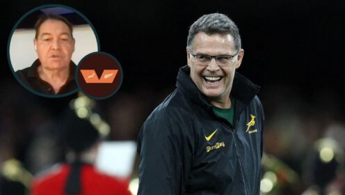 Springboks head coach Rassie Erasmus and an inset of ex-All Blacks boss Sir Steve Hansen.