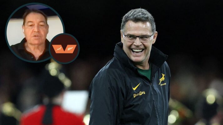 Springboks head coach Rassie Erasmus and an inset of ex-All Blacks boss Sir Steve Hansen.