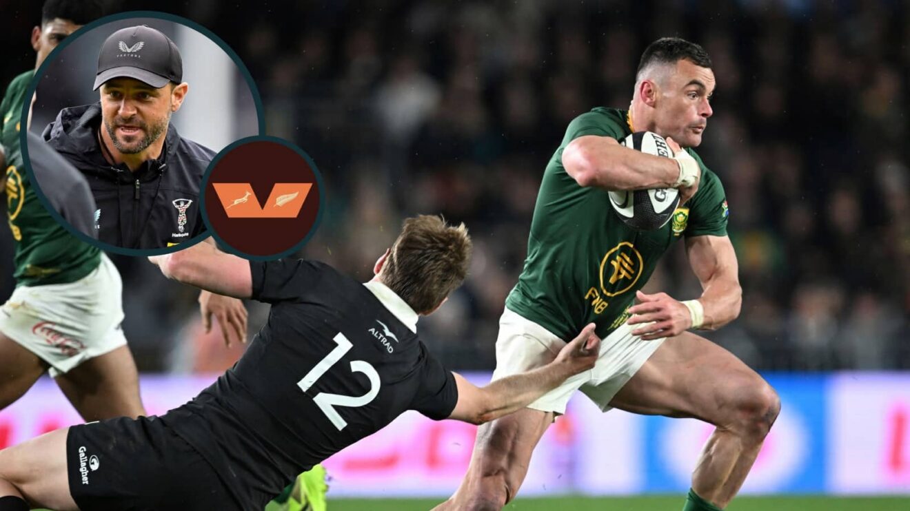 Springboks centre Jesse Kriel in action against the All Blacks and an inset of Nick Evans.