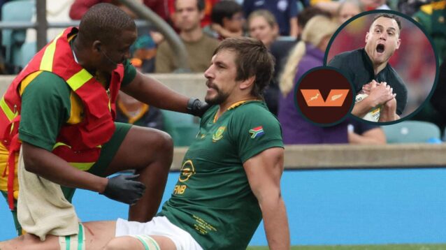 Springboks star Eben Etzebeth getting treatment after going down injured and All Blacks great Israel Dagg (inset).