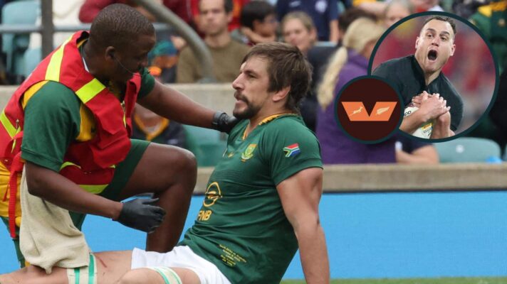 Springboks star Eben Etzebeth getting treatment after going down injured and All Blacks great Israel Dagg (inset).