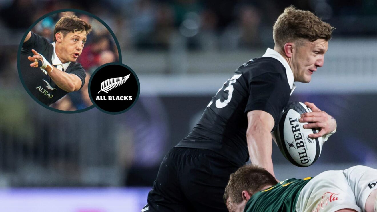 Damian McKenzie and Cam Roigard (inset) in action for the All Blacks.
