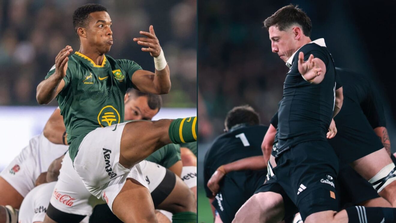 Grant Williams and Cam Roigard do battle at the base in the Springboks v All Blacks clash.