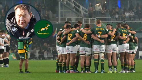 Springboks huddle and an inset of Sir Steve Hansen
