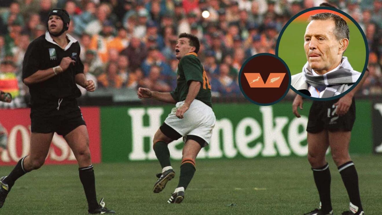 South Africa's Joel Stransky drops the winning goal against New Zealand in the 1995 Rugby World Cup Final.