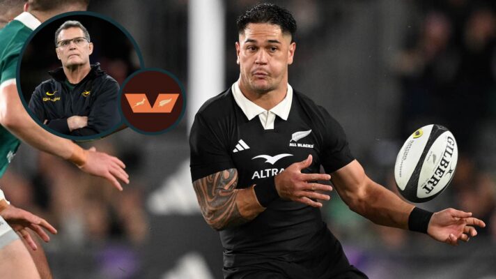All Blacks centre Quinn Tupaea and an inset of Rassie Erasmus.
