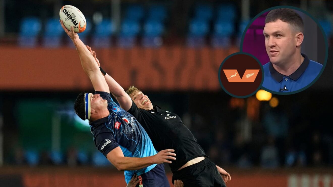 Fabian Holland competing in a lineout for the All Blacks and former front-rower James Parsons (inset).