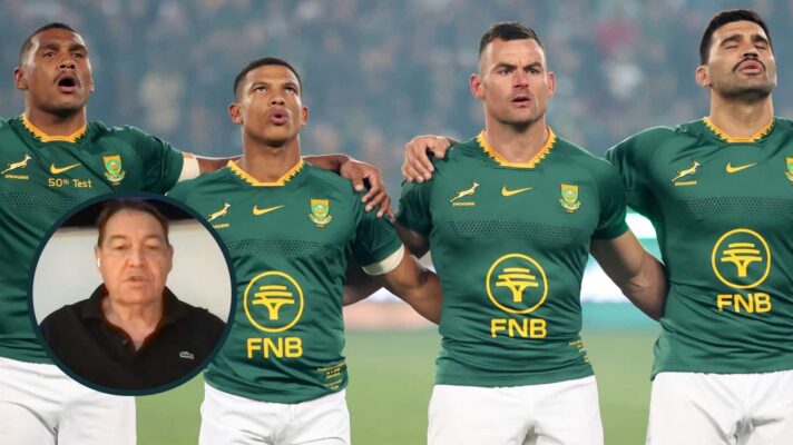 Springboks players sing the South African national anthem and an inset of ex-All Blacks head coach Sir Steve Hansen.