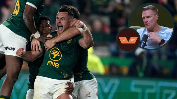 Springboks celebrate try and former South Africa captain Jean de Villiers (inset).