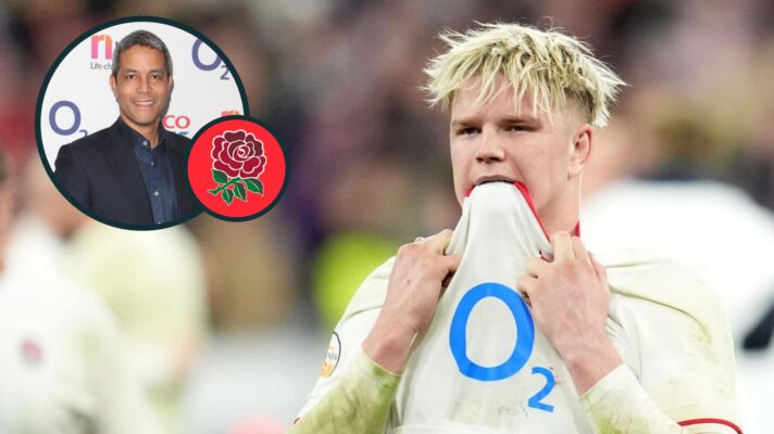 England loose forward Henry Pollock and former centre Jeremy Guscott (inset).