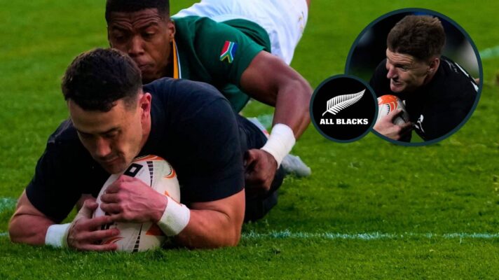 Will Jordan and Jordie Barrett (inset) in action for the All Blacks.