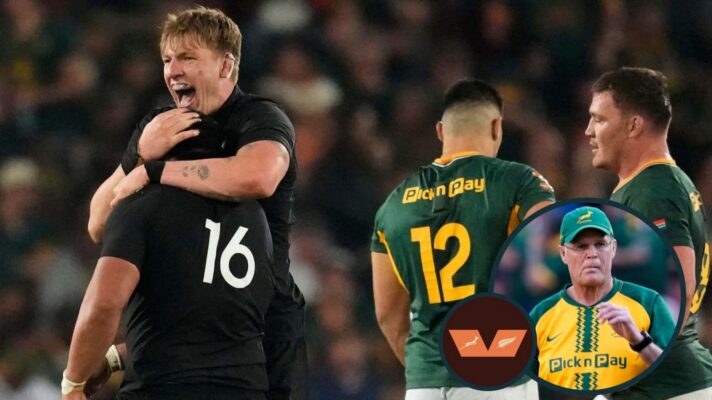 All Blacks celebrate after beating Springboks and South African head coach Rassie Erasmus (inset).