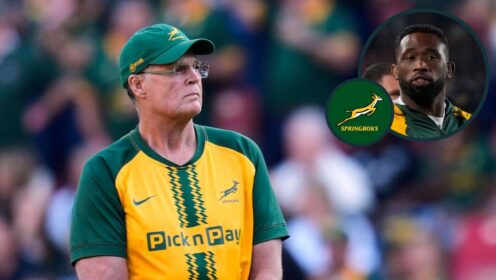 A two layered image of Rassie Erasmus and Siya Kolisi