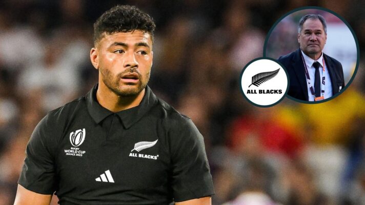 A two layered image of Richie Mo'unga and Dave Rennie