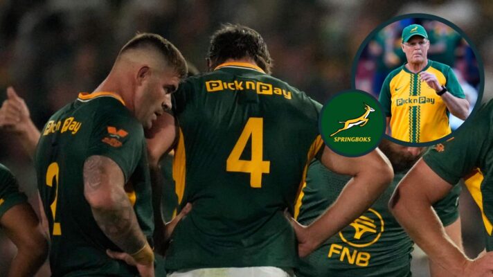 Springboks forwards Malcolm Marx and Eben Etzebeth with an inset of Rassie Erasmus.
